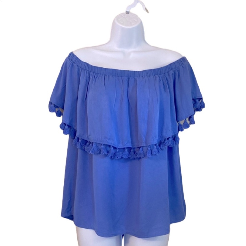 Off-Shoulder Tassel Trim Blouse - Blue